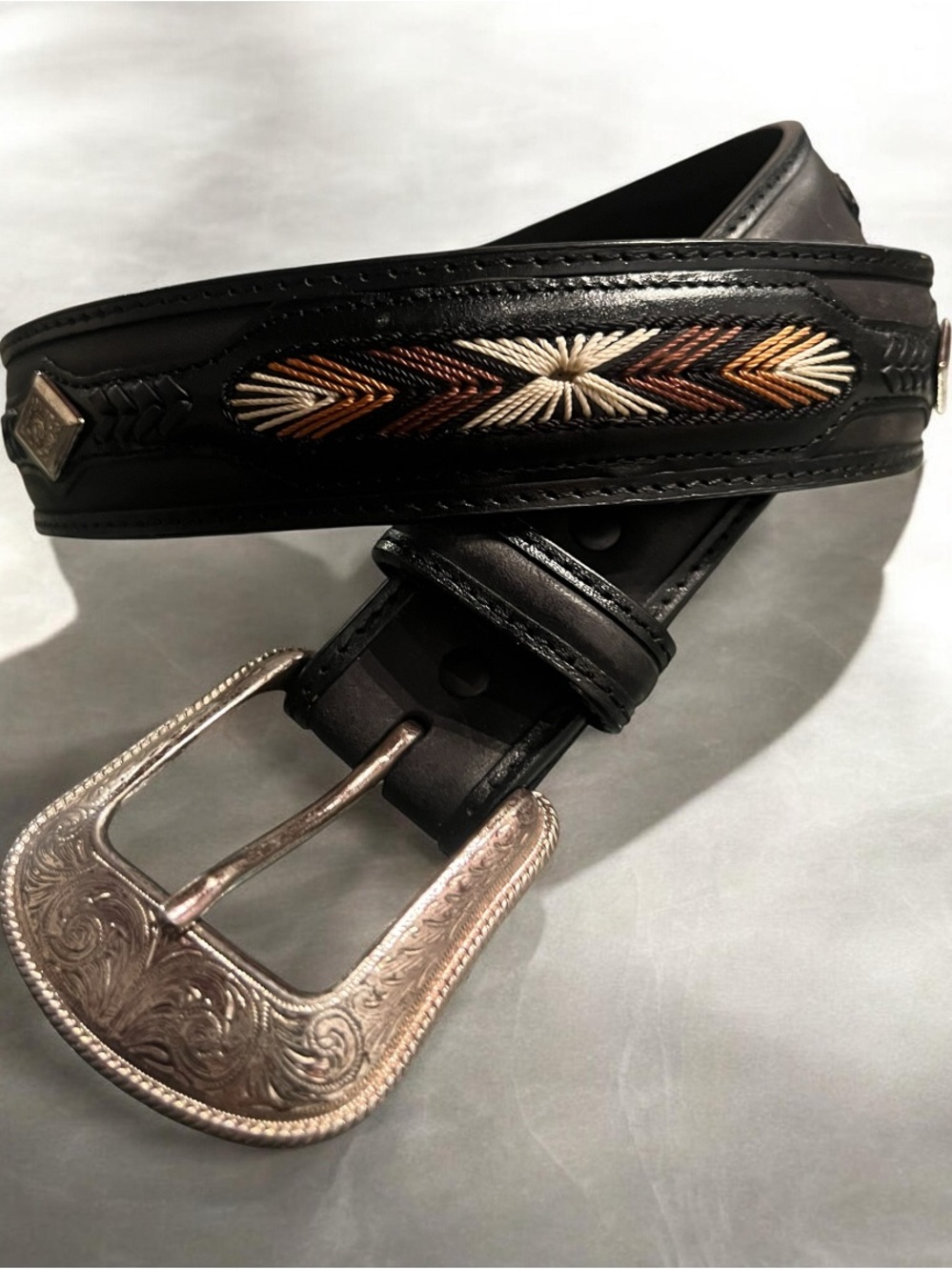 3D Black Western Inlay Leather Belt Sz 34 Removable Silver Buckle Unisex Biker